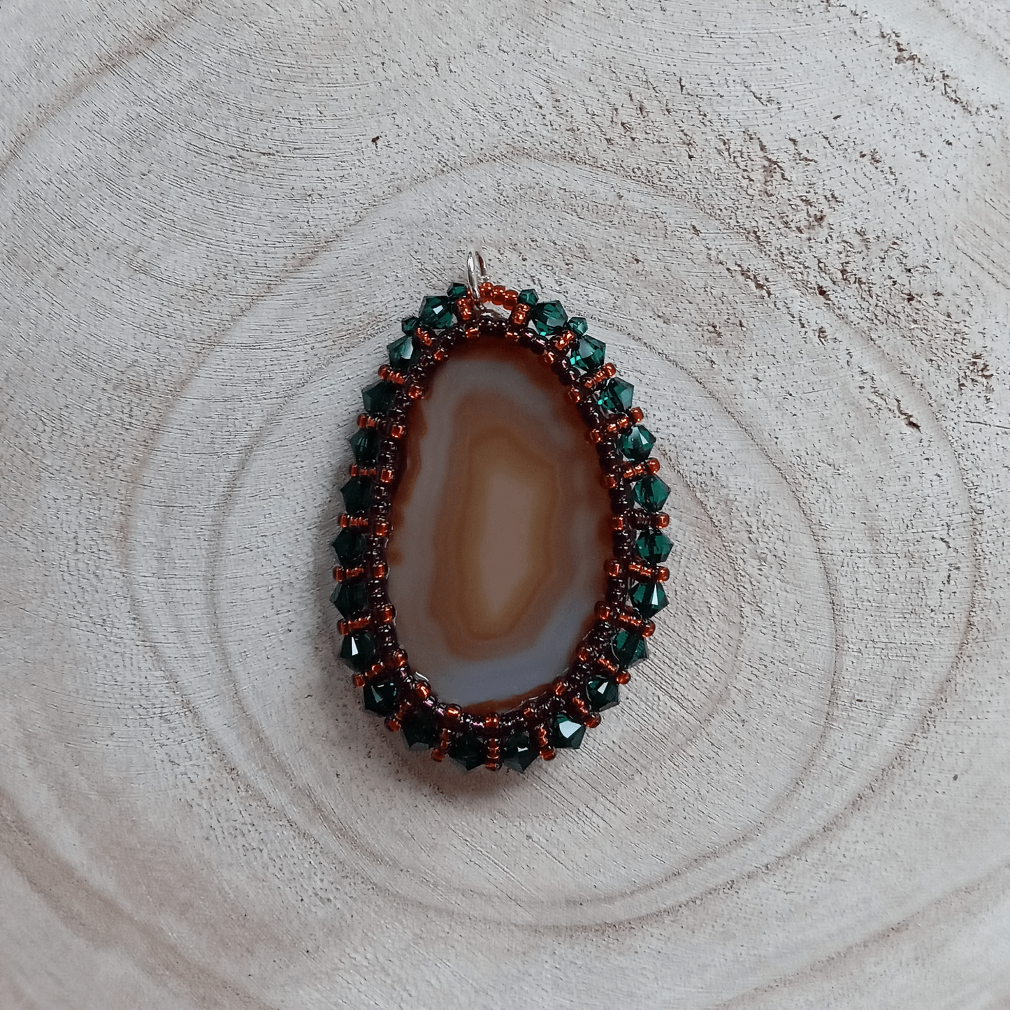 One-of-a-kind Agate Amulet with Green Crystal Beads