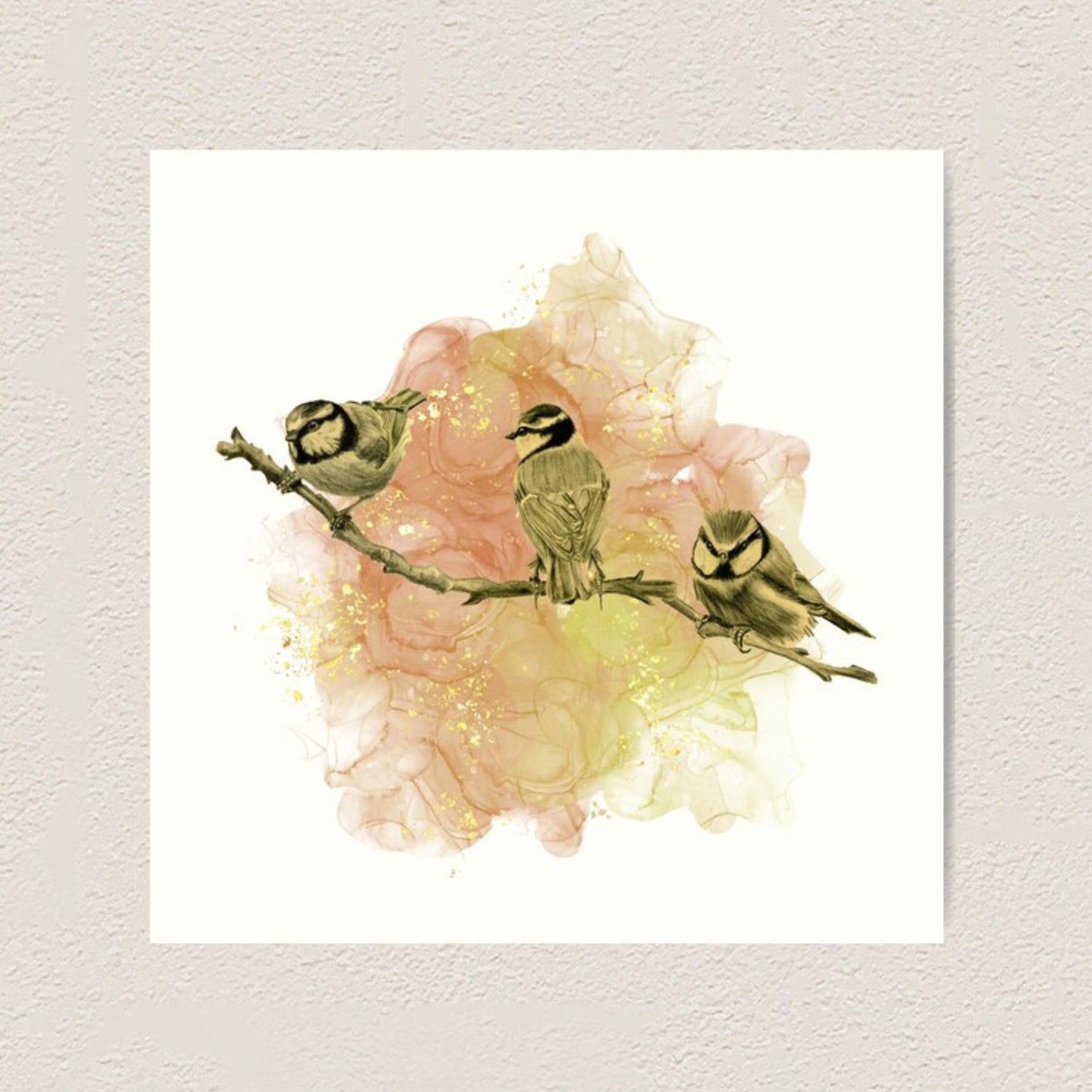 "Golden Blue Tits." This limited edition art print captures the essence of elegance and natural beauty in every intricate detail.