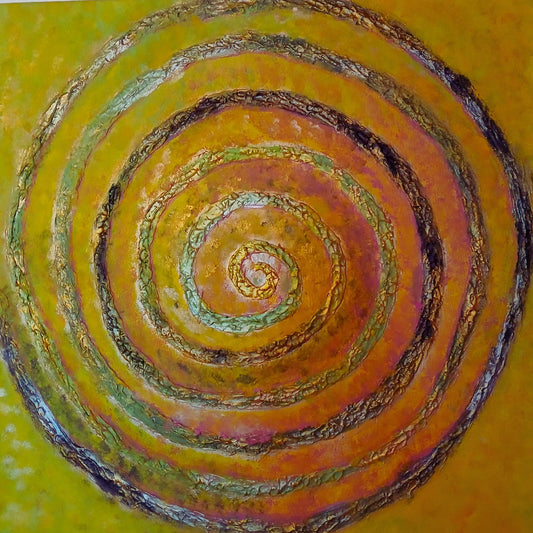 Energy Spiral – Acrylic Painting on Canvas in yellow, green, orange, and pink.