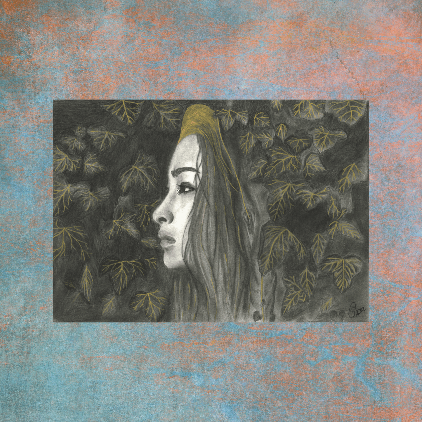 This original charcoal drawing, adorned with delicate golden gouache highlights, tells a story of a beautiful young woman and nature growing together, entwined in the graceful embrace of ivy leaves.