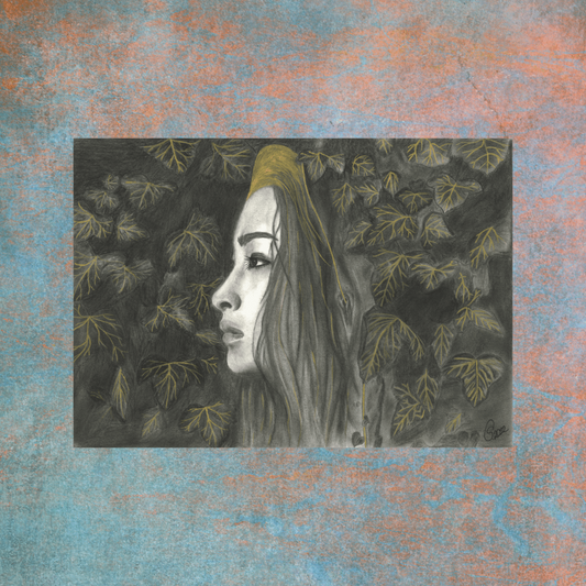 This original charcoal drawing, adorned with delicate golden gouache highlights, tells a story of a beautiful young woman and nature growing together, entwined in the graceful embrace of ivy leaves.