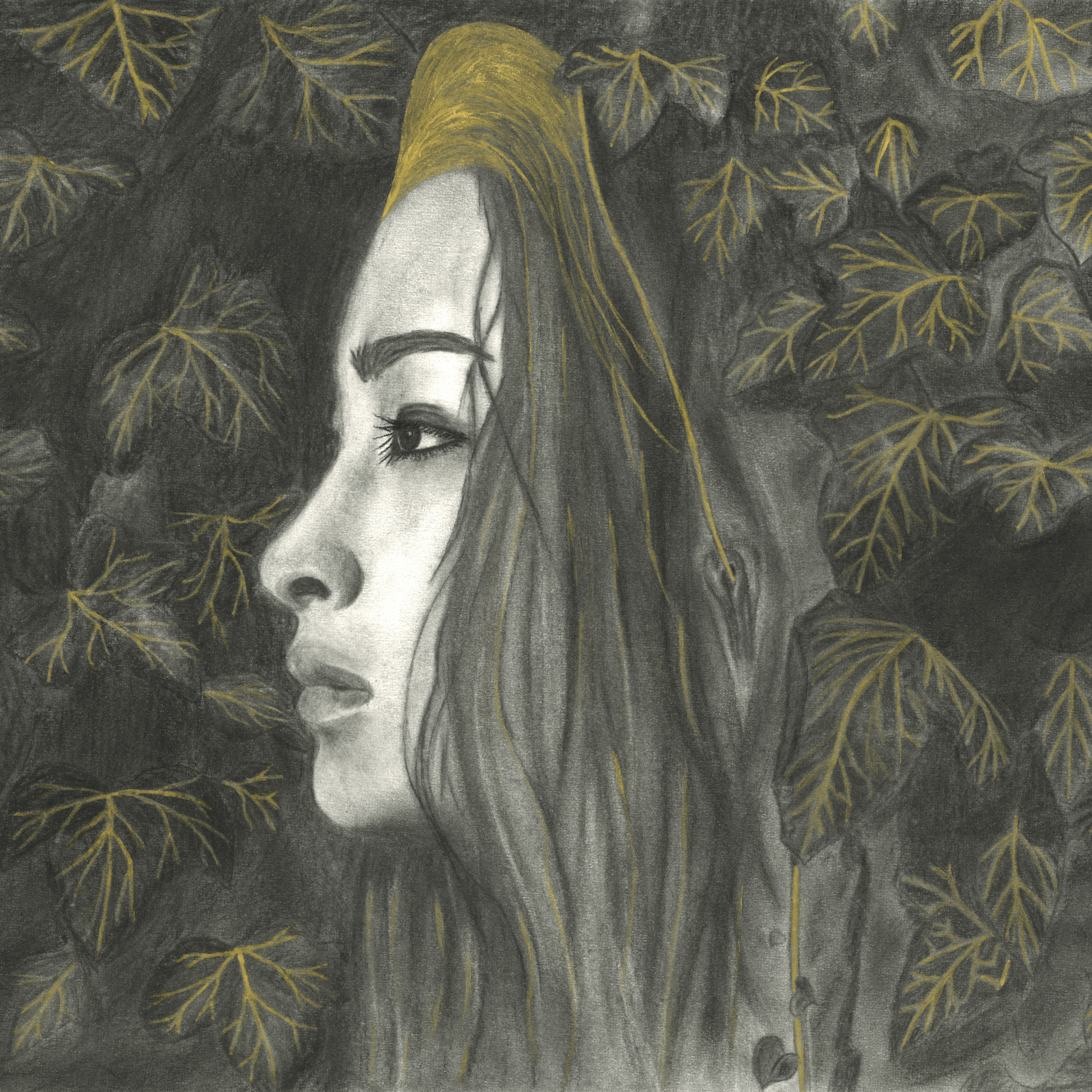 This original charcoal drawing, adorned with delicate golden gouache highlights, tells a story of a beautiful young woman and nature growing together, entwined in the graceful embrace of ivy leaves.