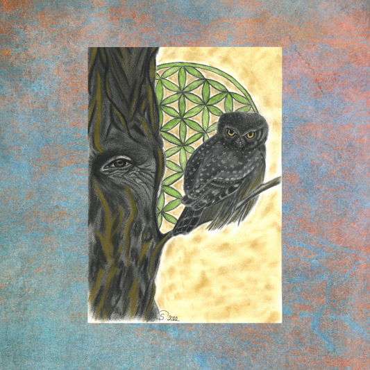 A magnificent tree, adorned with a watchful eye, takes center stage. Perched gracefully upon its branch, an owl with golden gouache eyes presides over the realm, guardian of secrets untold.