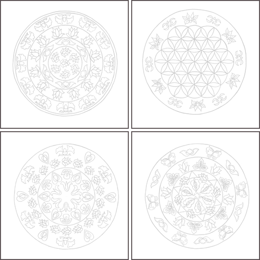 Printable sacred mandalas with soft grey outlines for a gentler coloring experience. Created by Susan Cibere from The Divine Ginger