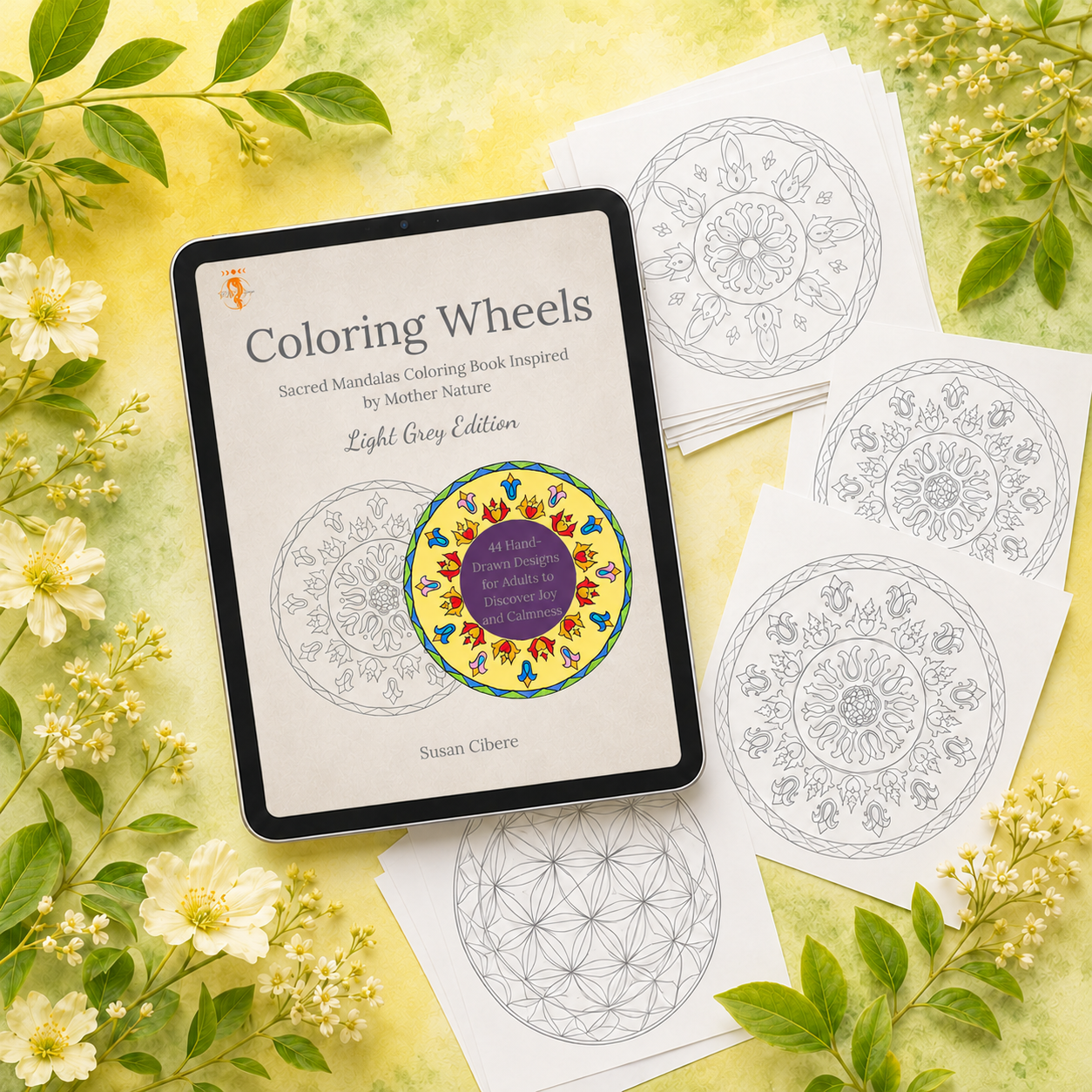 Digital printable mockup of Coloring Wheels Light Grey Edition by Susan Cibere, featuring a sacred mandalas coloring book for adults on a tablet with printable mandala pages, soft grey outlines, flowers, and green leaves.