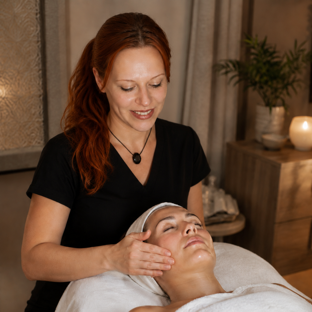 Woman receiving a facial treatment from another woman in a spa setting. Energetic Facelift in Wangen im Allgäu: a gentle, non-invasive facial treatment with intuitive energy work for visible freshness, relaxation, and natural radiance.