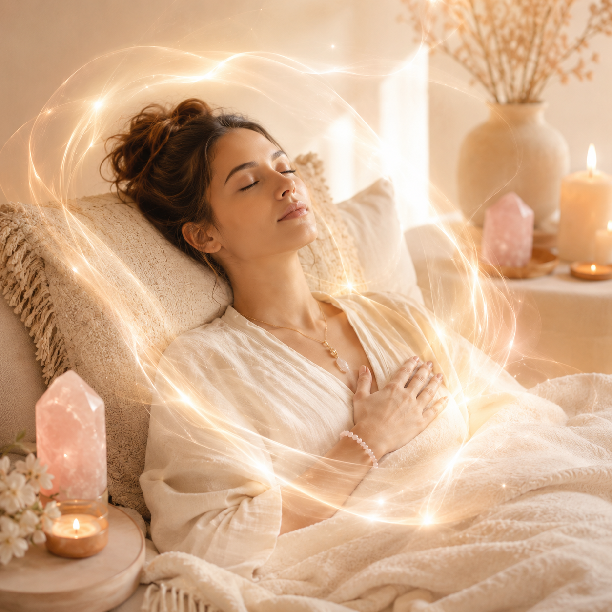 A woman lying in bed with fairy lights and candles, creating a cozy atmosphere. Remote Reiki session for energetic balance, deep relaxation, inner calm, emotional relief, and gentle energy healing with warm light, candles, and rose quartz.