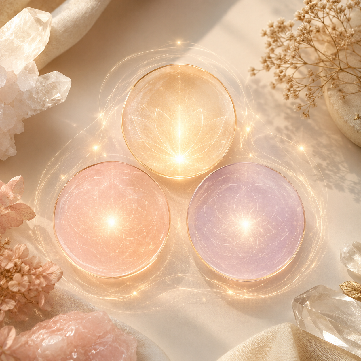 Elegantes Produktbild für ein Remote-Reiki-3er-Bundle mit drei leuchtenden Energieformen, Kristallen und sanften Naturdetails in neutralen, femininen Farben.