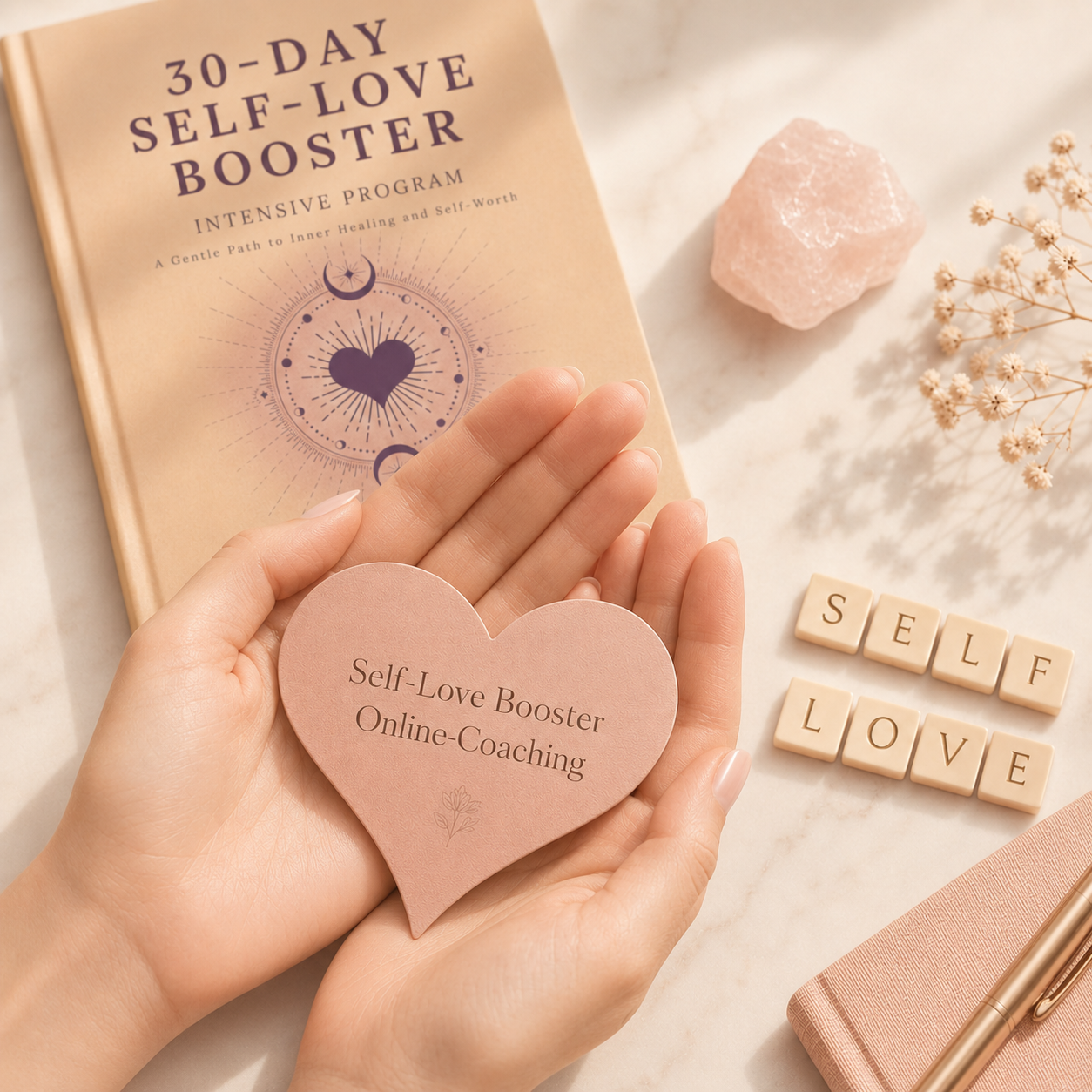 Heart-shaped self-love booster card held in hands with '30-Day Self-Love Booster' book and crystals on a light background.