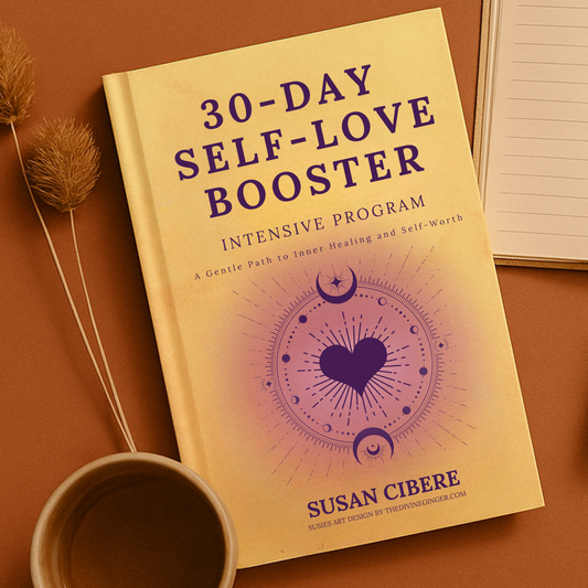 Book titled '30-Day Self-Love Booster' by Susan Cibere on a brown surface with a cup and decorative elements.
