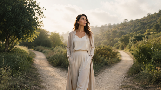 Calm woman standing at a fork in a peaceful nature path, reflecting on her inner guidance in warm morning light.