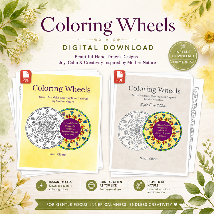 Shopify collection image for Coloring Wheels digital download mandala coloring books with printable PDF pages, hand-drawn sacred mandalas, botanical design elements, and calming creative coloring inspiration for adults.