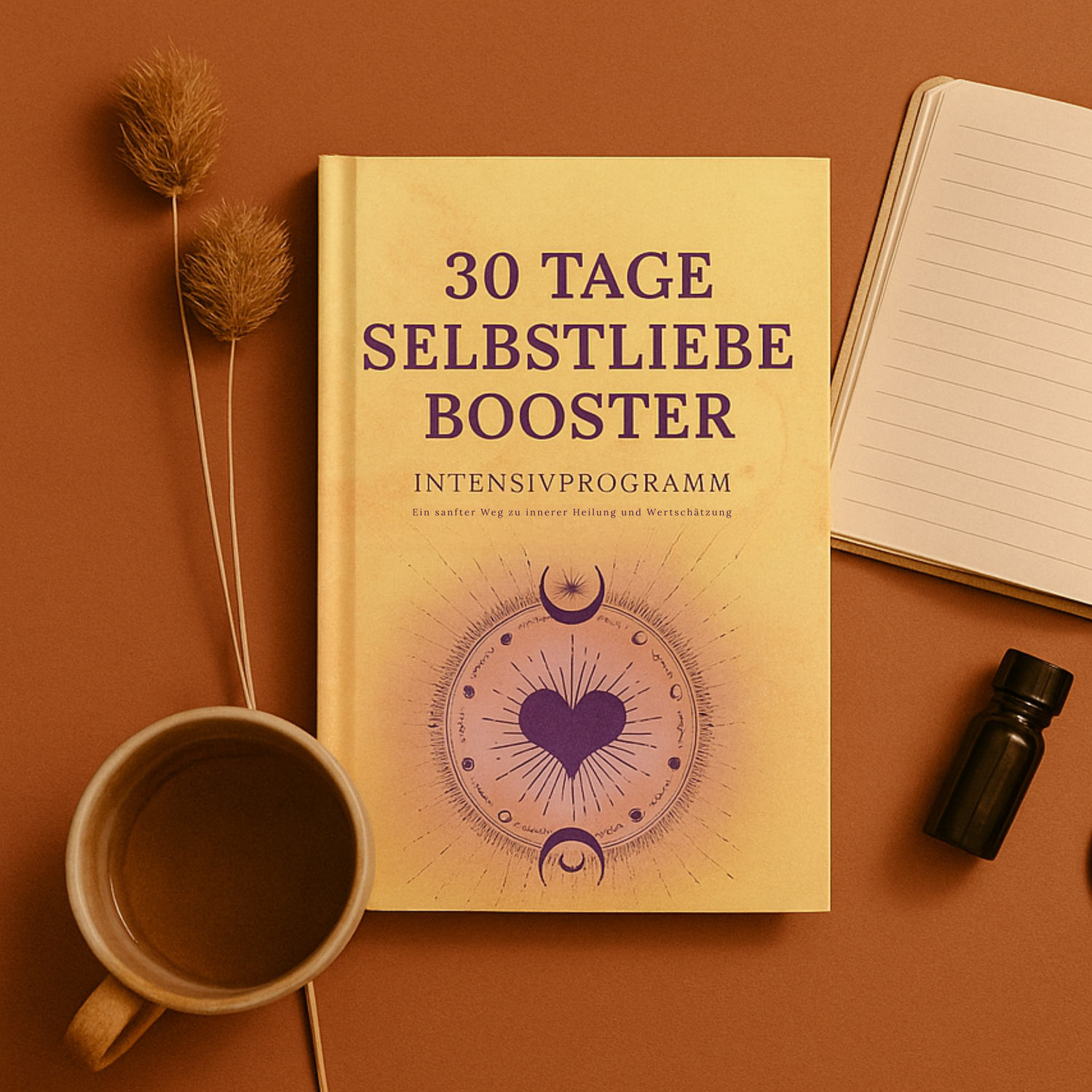 Book titled '30 Tage Selbstliebe Booster' on a brown surface with a cup and notebook.