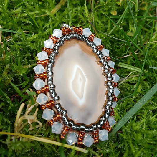 Agate Amulet with White Crystal Beads