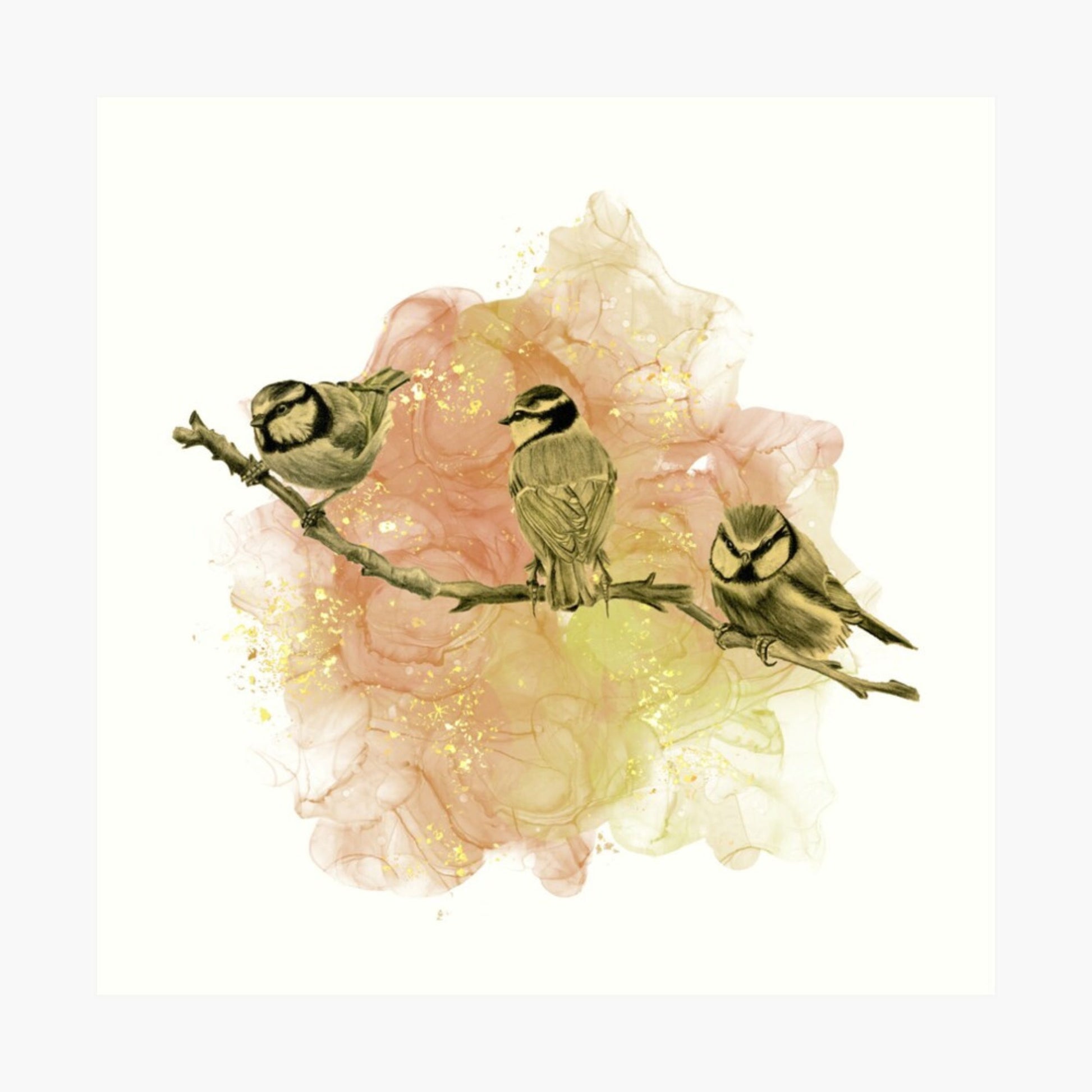 "Golden Blue Tits." This limited edition art print captures the essence of elegance and natural beauty in every intricate detail.