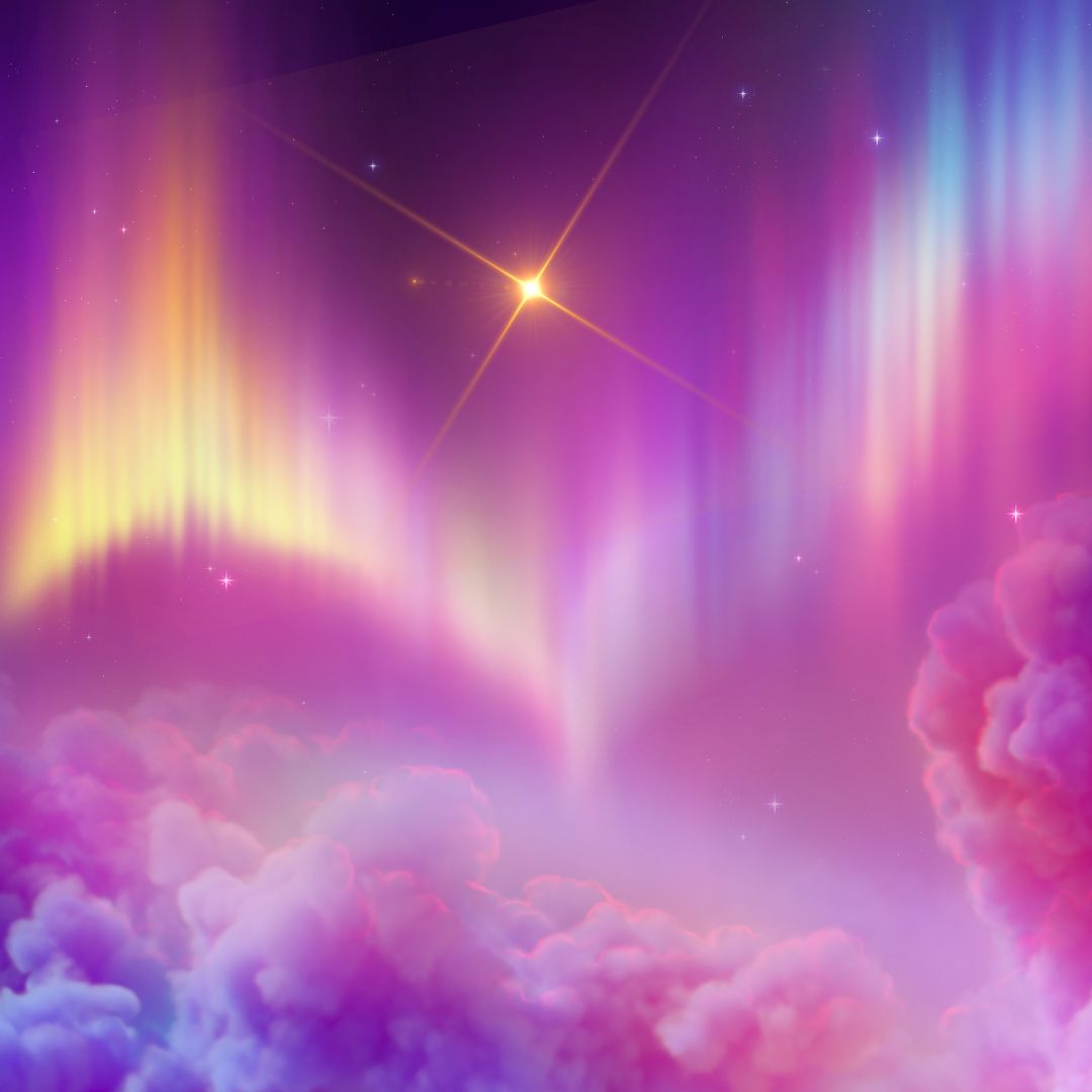 Colorful aurora lights in a starry night sky with clouds. And a bright star that represents  the divine guidance