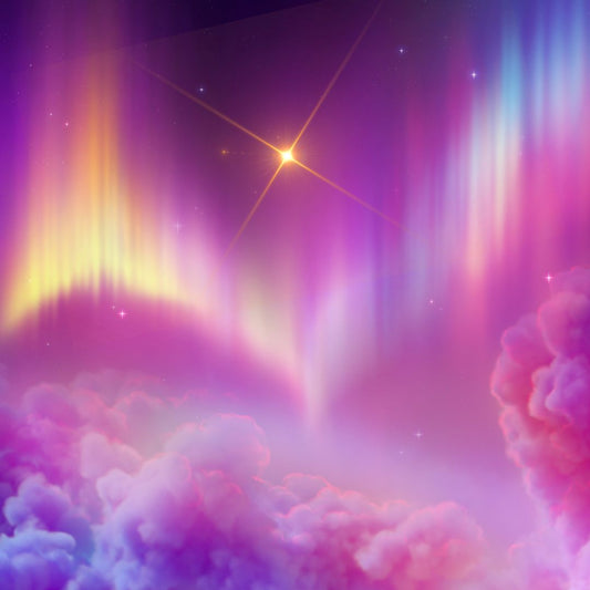 Colorful aurora lights in a starry night sky with clouds. And a bright star that represents  the divine guidance