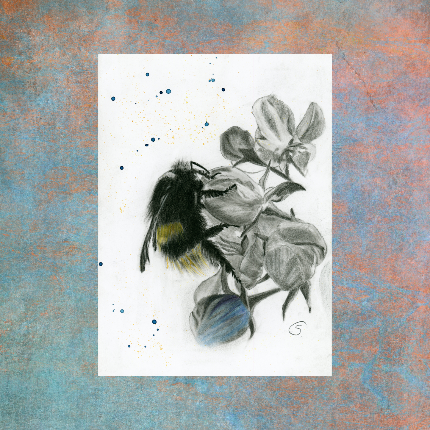 "An enchanting charcoal drawing of a whimsical bee surrounded by delicate blossoms, with light watercolor highlights. The artwork is beautifully detailed and rendered on 200 gsm acid-free paper, sized A4 (8.3" x 11.7"), and is unframed. A captivating celebration of nature's beauty."