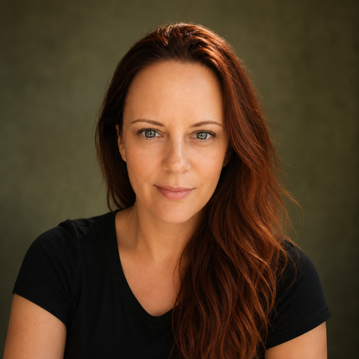 A woman with long wavy reddish-brown hair and blue eyes wearing a black short-sleeve V-neck t-shirt, photographed against a textured dark olive-green studio background. Susan Cibere Reiki Master