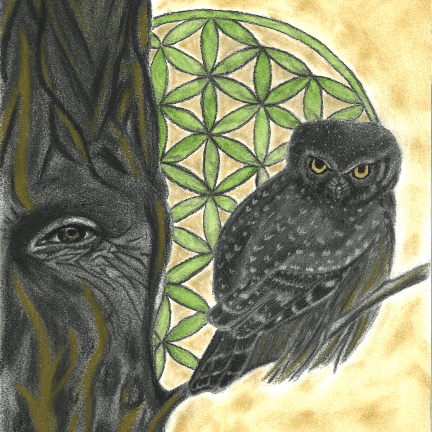 Limited edition art print. A magnificent tree, adorned with a watchful eye, takes center stage. Perched gracefully upon its branch, an owl with golden gouache eyes presides over the realm, guardian of secrets untold.
