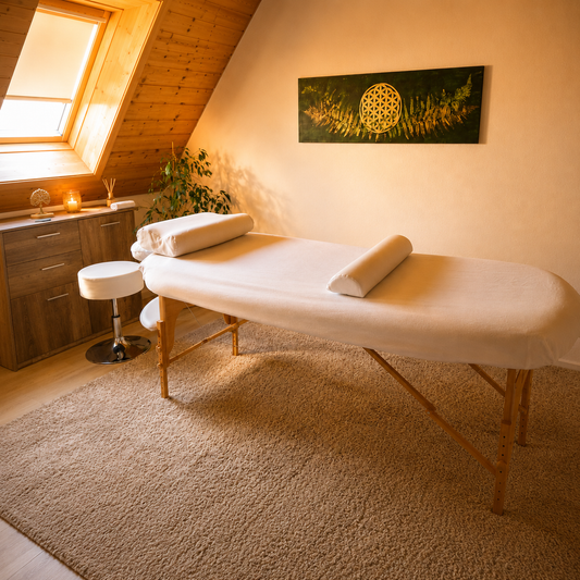 Einladender Behandlungsraum der Praxis-Seelenpfad in Wangen für Reiki, energetische Massage und entspannende Anwendungen in ruhiger, warmer Atmosphäre. Exklusiv für Frauen.