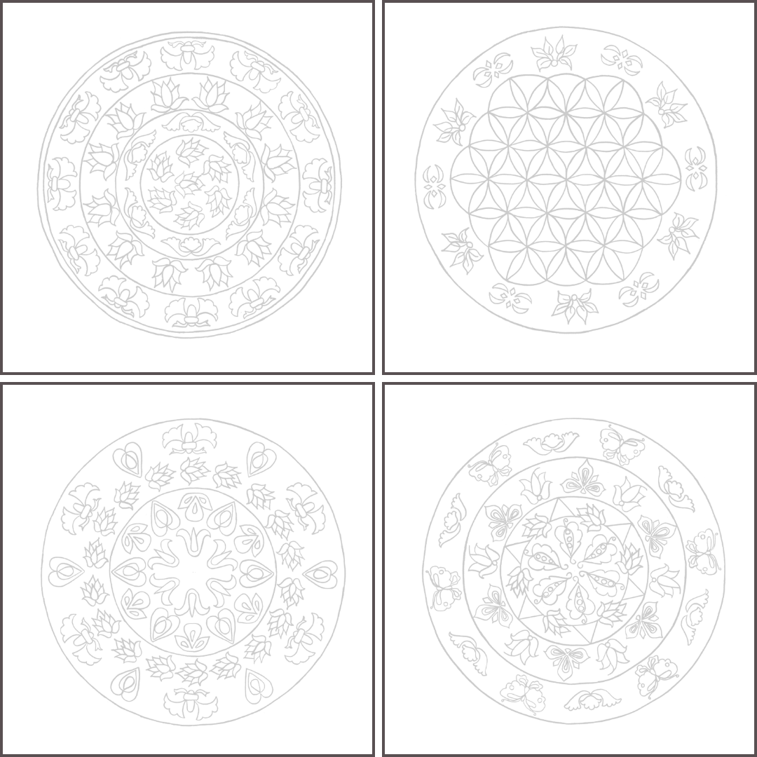 Printable sacred mandalas with soft grey outlines for a gentler coloring experience. Created by Susan Cibere from The Divine Ginger