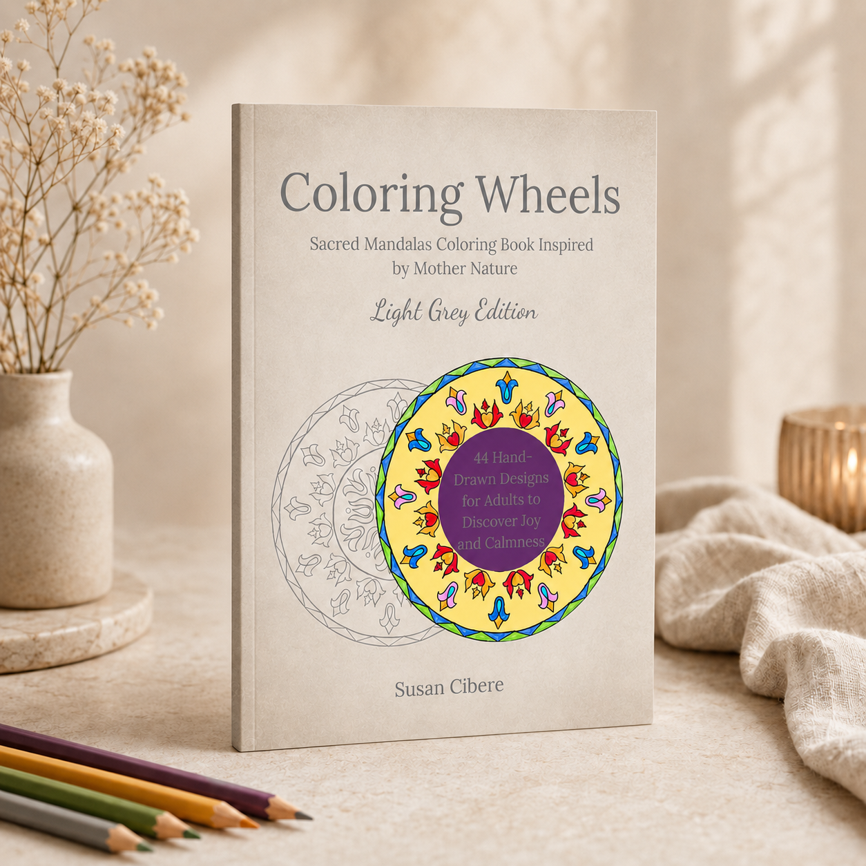 A standing copy of the coloring book 'Coloring Wheels: Sacred Mandalas Coloring Book Inspired by Mother Nature' on a beige tabletop, styled with dried flowers in a vase, colored pencils, and a soft fabric runner.