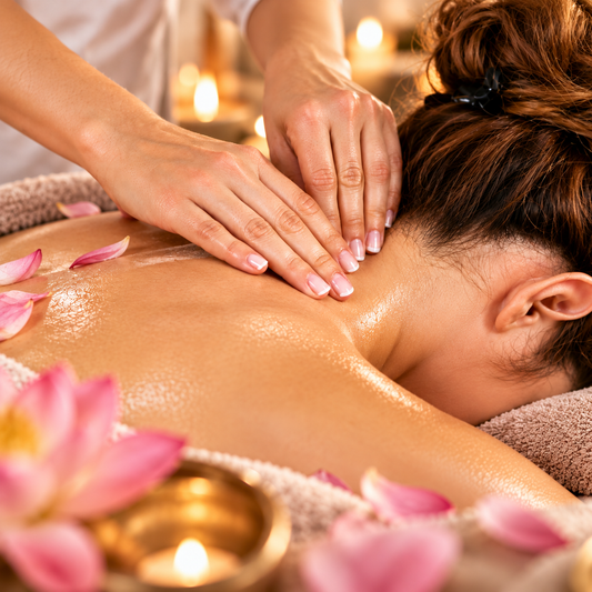 Relaxing neck and shoulder massage during the 30-minute Energetic Anti-Stress Massage Ritual at Energetic Beauty Budapest, featuring mindful touch, aromatic oils and a luxurious spa atmosphere exclusively for women.