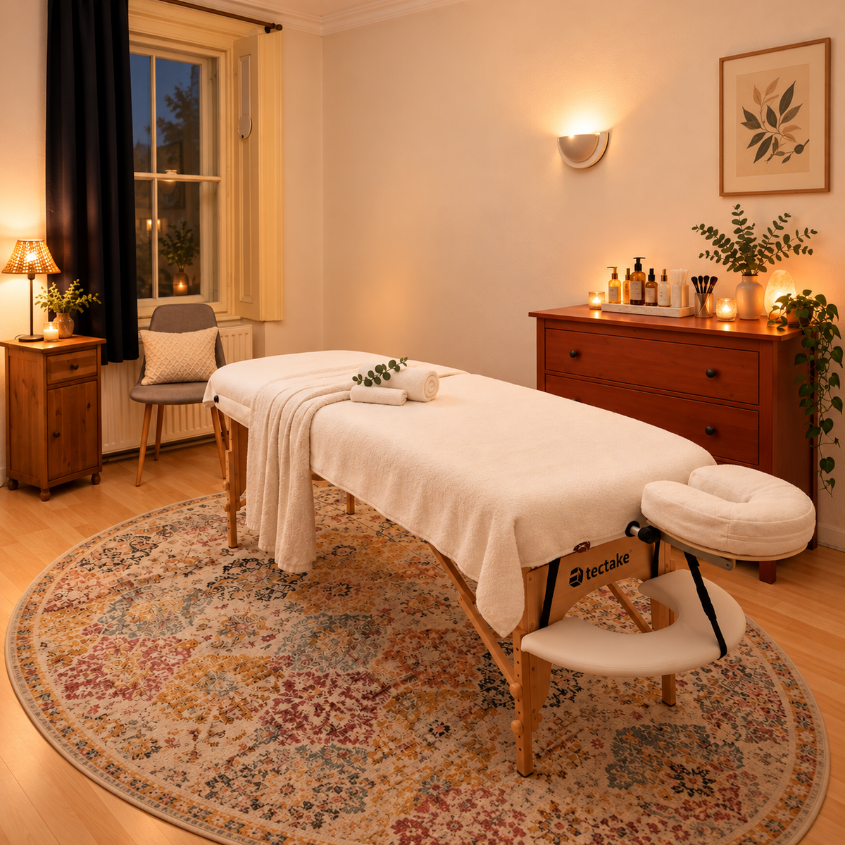 Warm and inviting treatment room in Budapest with a massage table, soft lighting, botanical details, and a calming atmosphere for women’s in-person beauty and energy treatments.