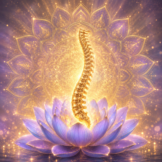 A glowing golden spine rises from a purple-blue lotus flower against a radiant mandala background with golden light and sparkles.
Energetic Spine Alignment by distance. Two sessions to support greater inner alignment, stability, and gentle integration.