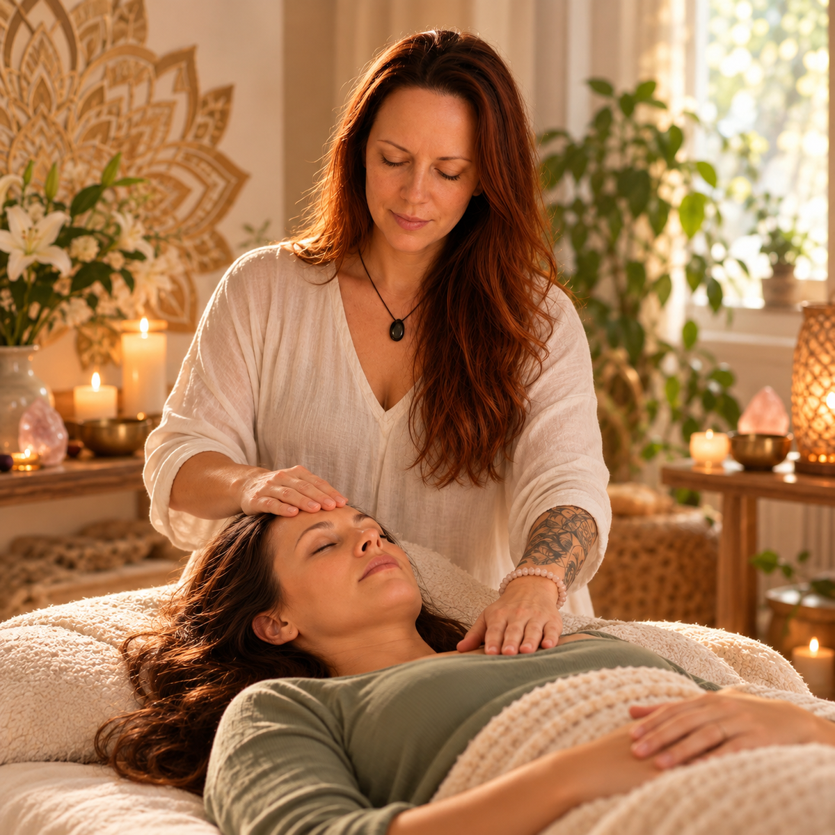 Energetic Spine Alignment in Budapest – woman receiving a gentle in-person energy balancing session in a warm, peaceful treatment room, supporting relaxation and inner balance.