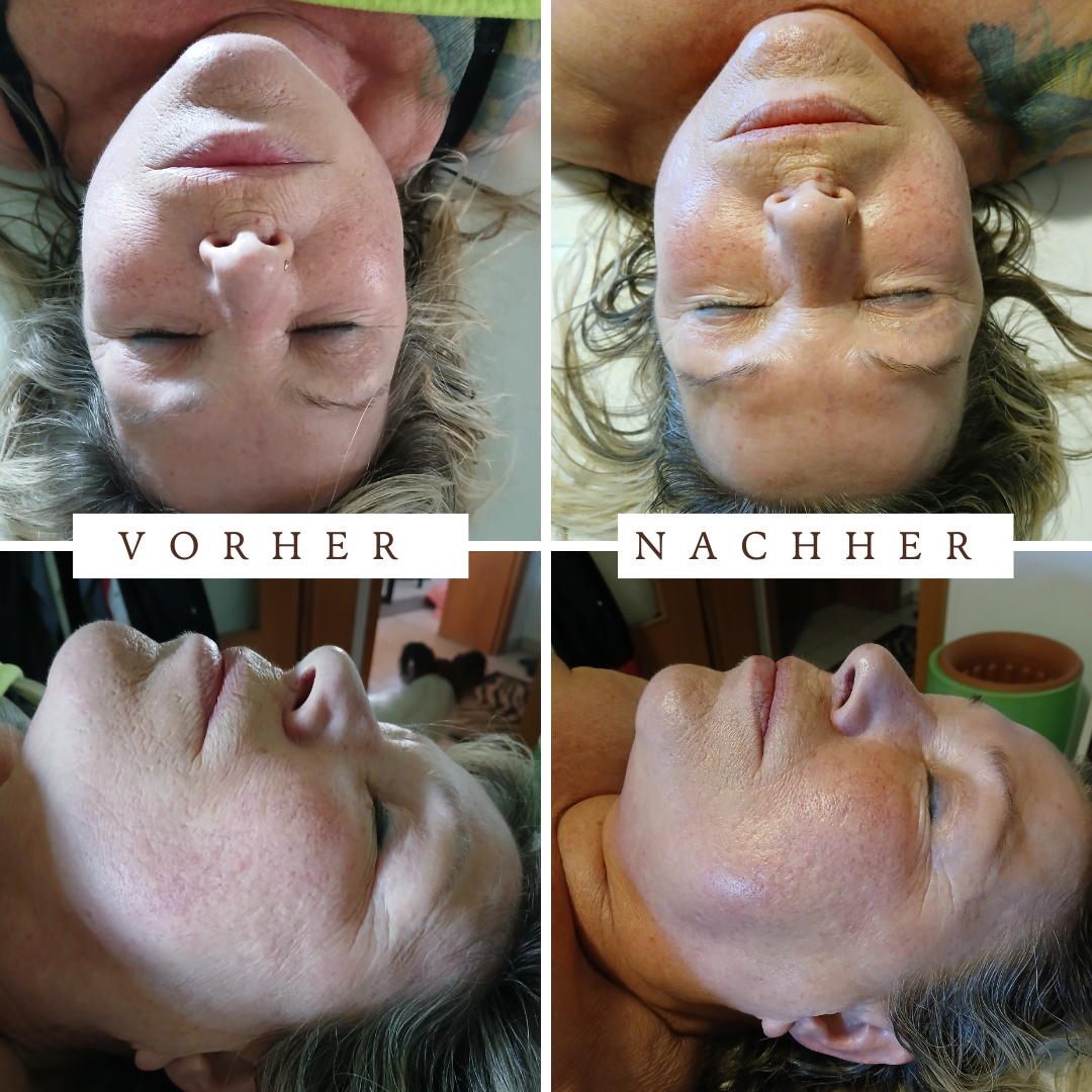 Eine Frau erhält in einem Spa-Setting eine Gesichtsbehandlung von einer anderen Frau. Energetisches Facelifting in Wangen im Allgäu: eine sanfte, nicht-invasive Gesichtsbehandlung mit intuitiver Energiearbeit für sichtbare Frische, Entspannung und natürliche Ausstrahlung.