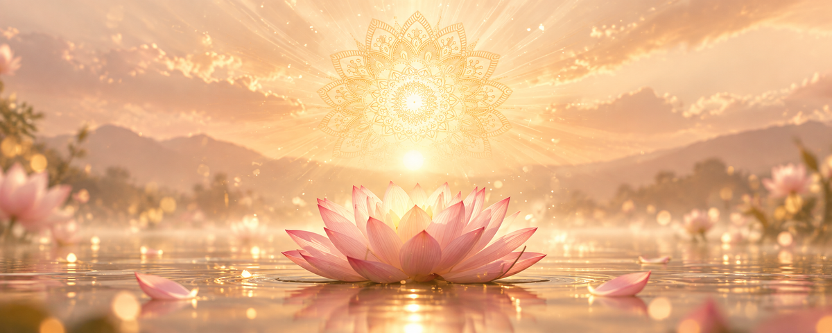 A serene landscape artwork showing a pink lotus flower floating on calm water at sunrise, with a glowing golden sun and mandala-like light above, mountains in the distance, and soft bokeh highlights around the scene. Glowing pink lotus beneath a golden mandala at sunrise, symbolizing Reiki, energy work, self-love and inner balance.