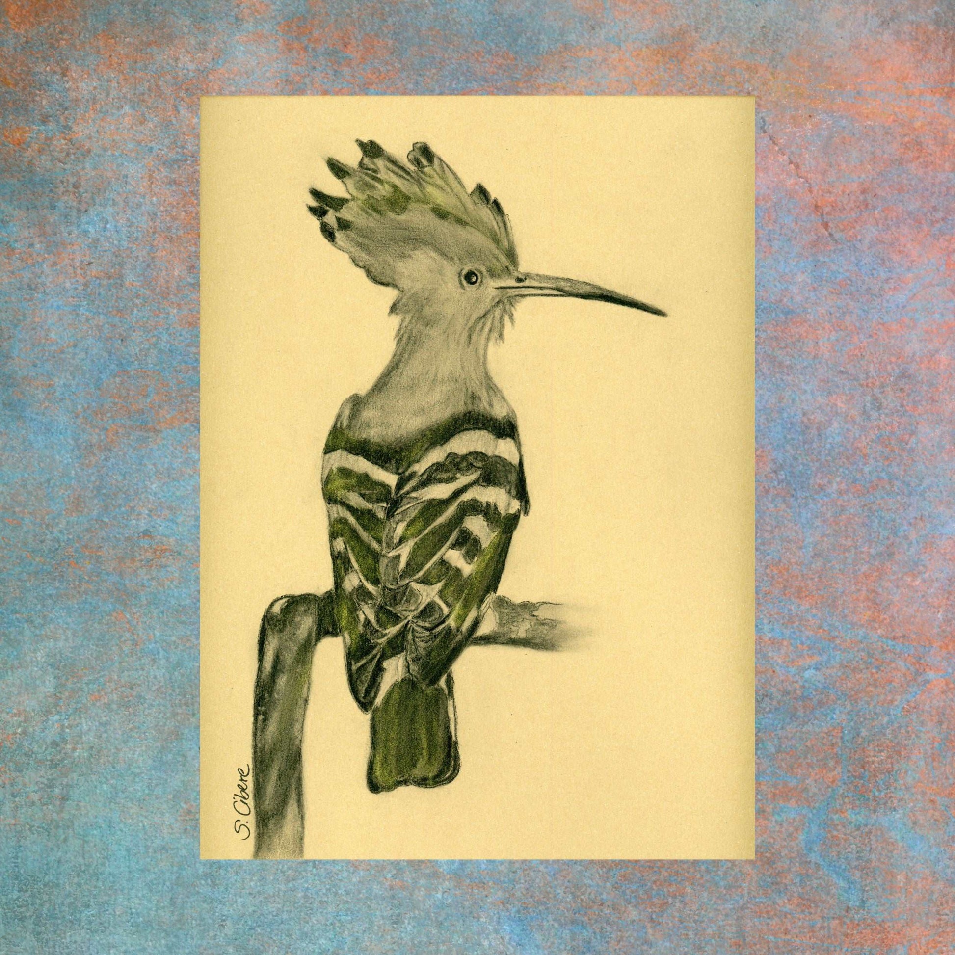 Golden Hoopoe- Original Charcoal Drawing with Metallic Pigments. A3