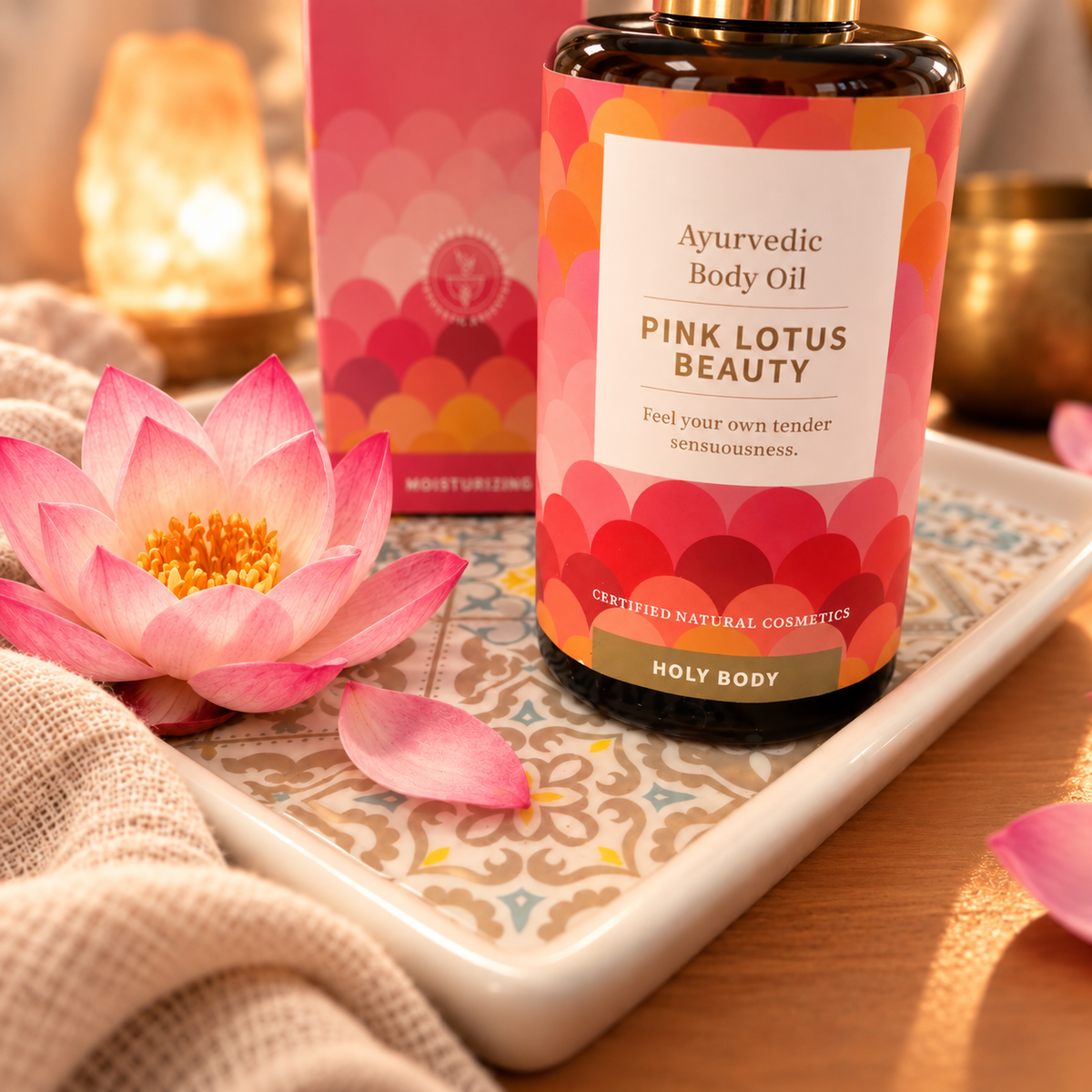 Pink Lotus Ayurvedic massage oil on a decorative ceramic tray with lotus flowers and warm candlelight, used for the Feminine Balance Massage Ritual at Energetic Beauty Budapest.