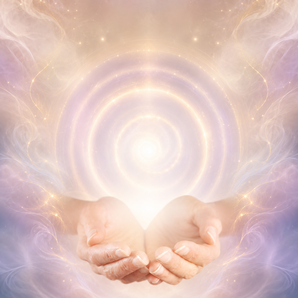 Cupped hands holding soft golden Reiki energy surrounded by lavender light, symbolizing energetic balance, relaxation, grounding and inner calm.