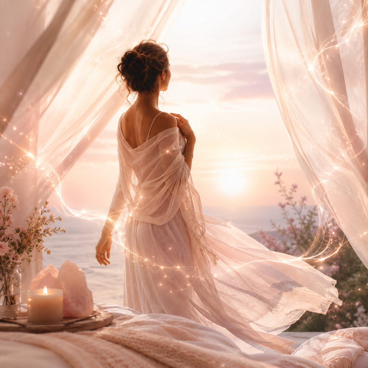 A woman from behind in a flowing white dress looking out at a serene ocean sunset, symbolizing the integration of a remote Reiki session. Swirling, golden sparkles of spiritual energy surround her, framing a peaceful canopy setting with rose quartz crystals and a burning candle. An image of inner peace, grounding, and spiritual transformation.