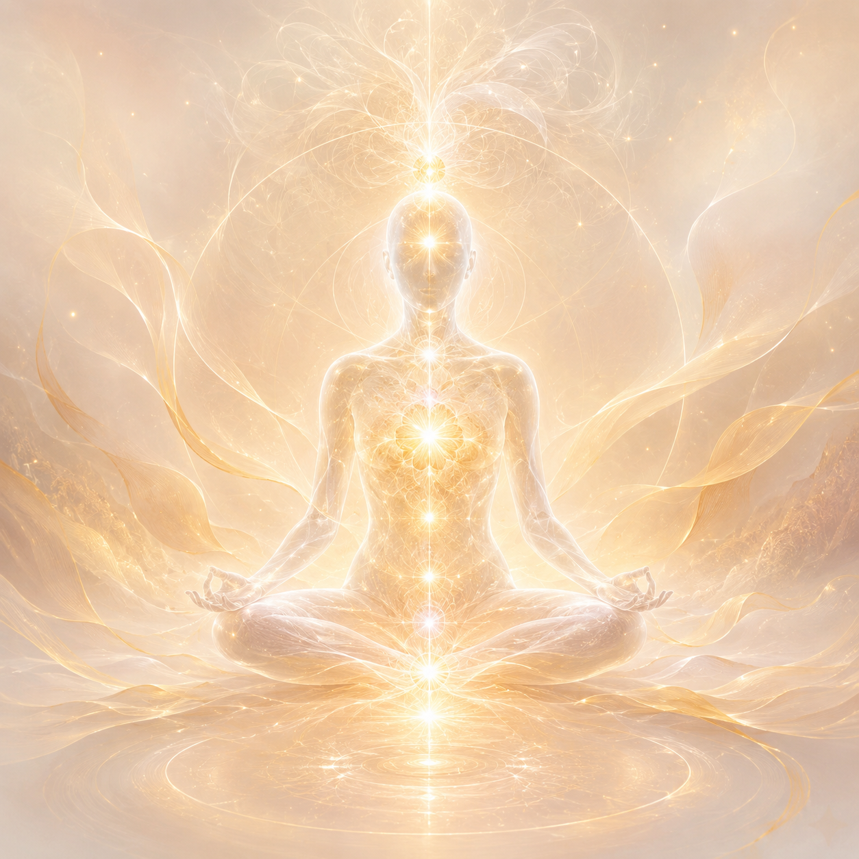 An ethereal, glowing silhouette of a person meditating in a lotus position during a remote Reiki session. The image highlights the seven chakra energy centers aligned along the spine, with the heart and crown chakras radiating intense, golden light. Swirling energetic waves and sacred geometry flow in the background, representing distance healing, chakra balancing, and spiritual alignment.