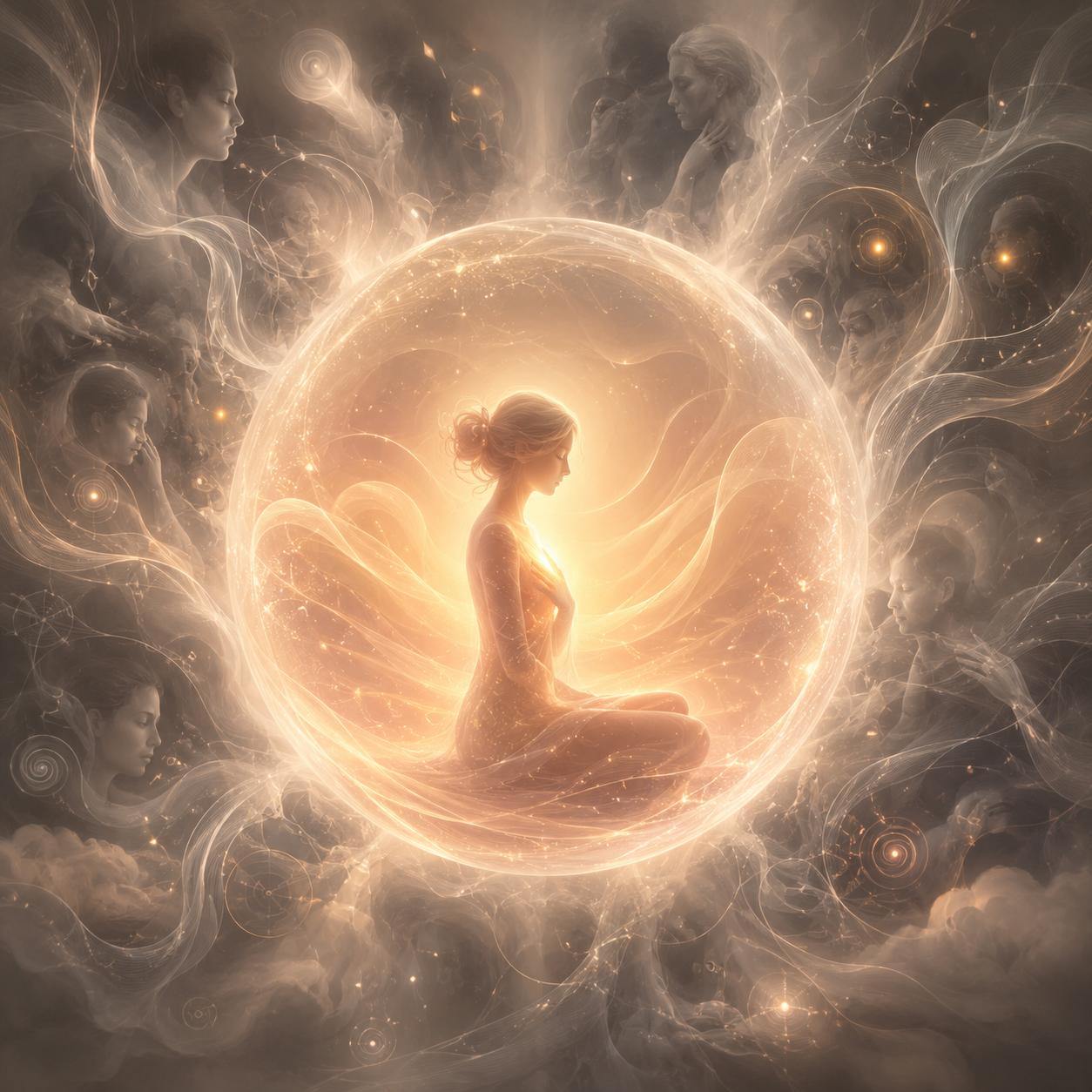Woman in a meditative pose surrounded by ethereal energy and otherworldly figures. remote reiki session with online consultation