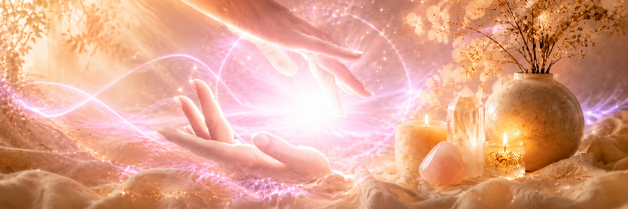 Fantasy scene with glowing hands reaching towards a glowing orb, surrounded by soft lighting and flowers. remote reiki session with online consultation