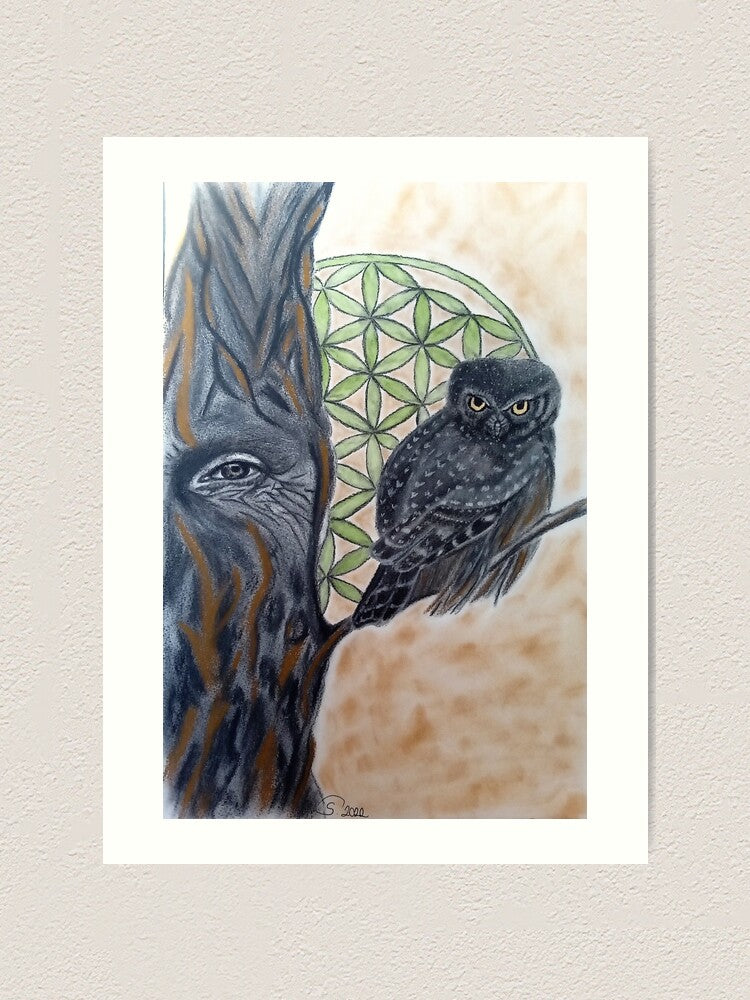 Limited edition art print. A magnificent tree, adorned with a watchful eye, takes center stage. Perched gracefully upon its branch, an owl with golden gouache eyes presides over the realm, guardian of secrets untold.